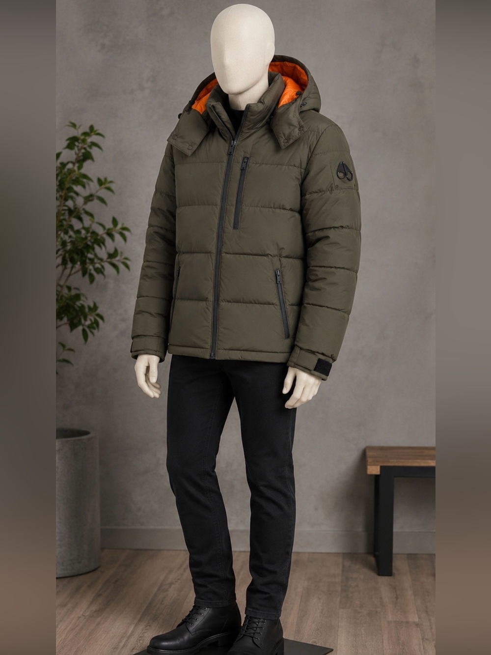 Moose Knuckles Olive Green Hooded Puffer with Orange Lining .90%Down .New no tag